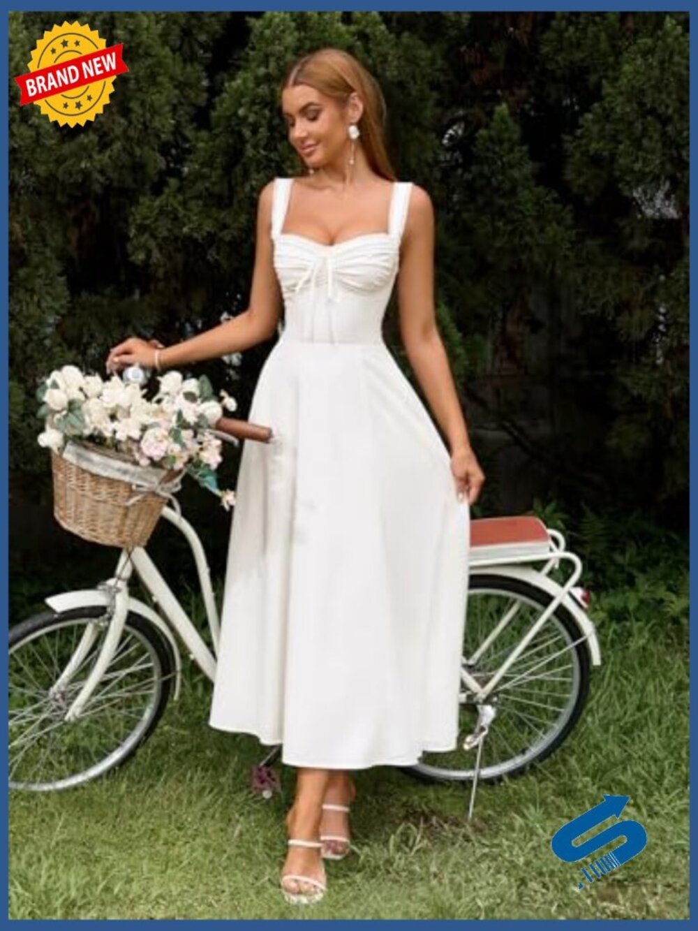 Vintage Corset Midi Dress with Pockets Flowy A-Line Lace Up Back - Picture 6 of 6